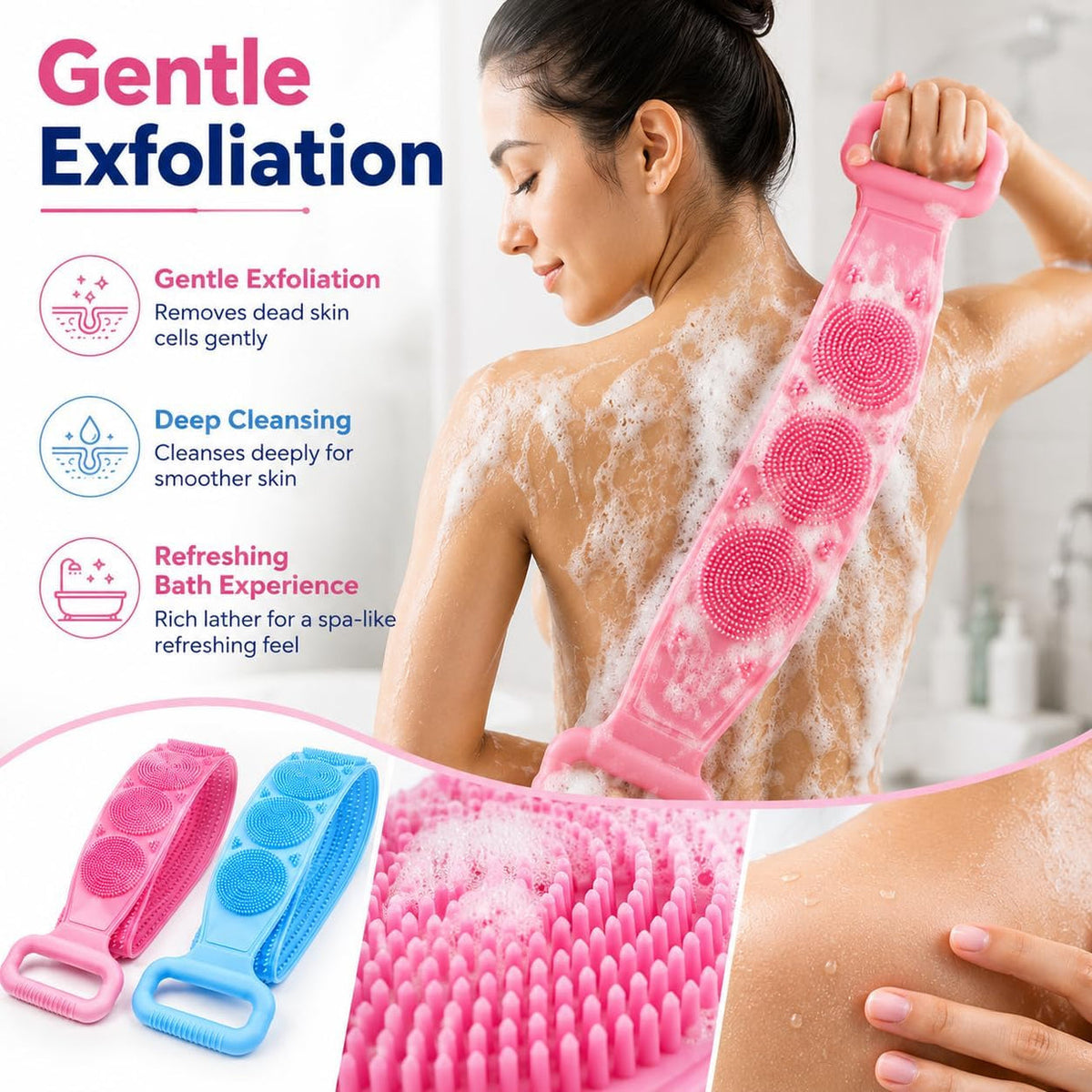 Body Back Scrubber Bath scrubber belt Silicone ⚡ 60% OFF